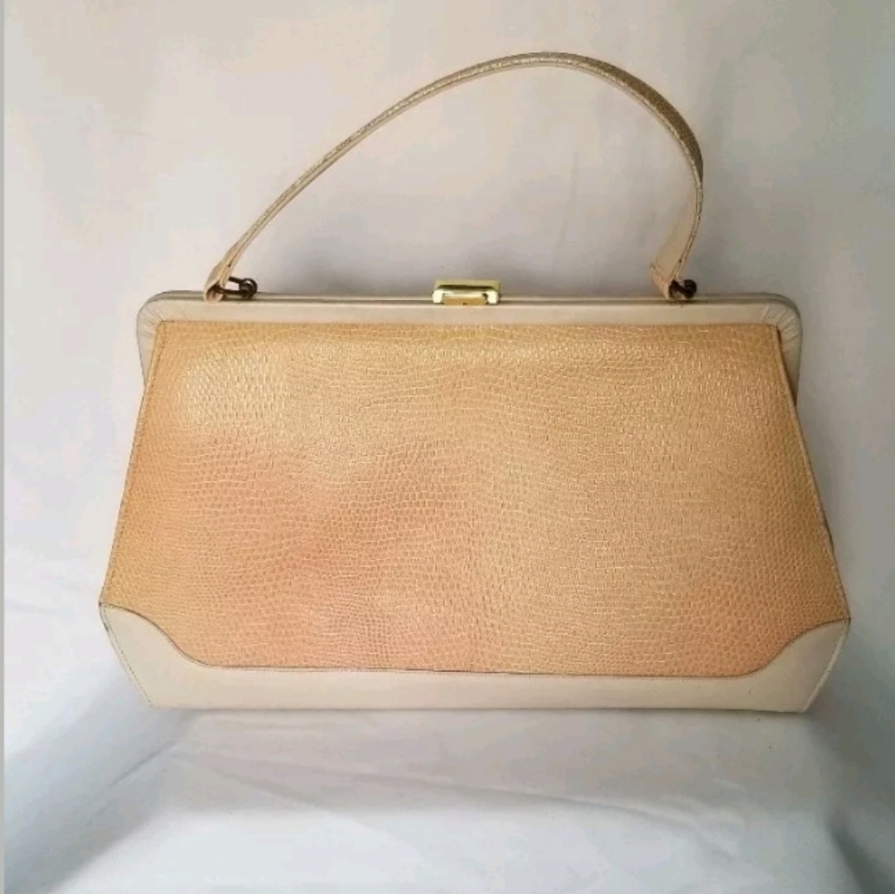 Womens Peach Cream Handbag with Clip Closure with Inside Pocket